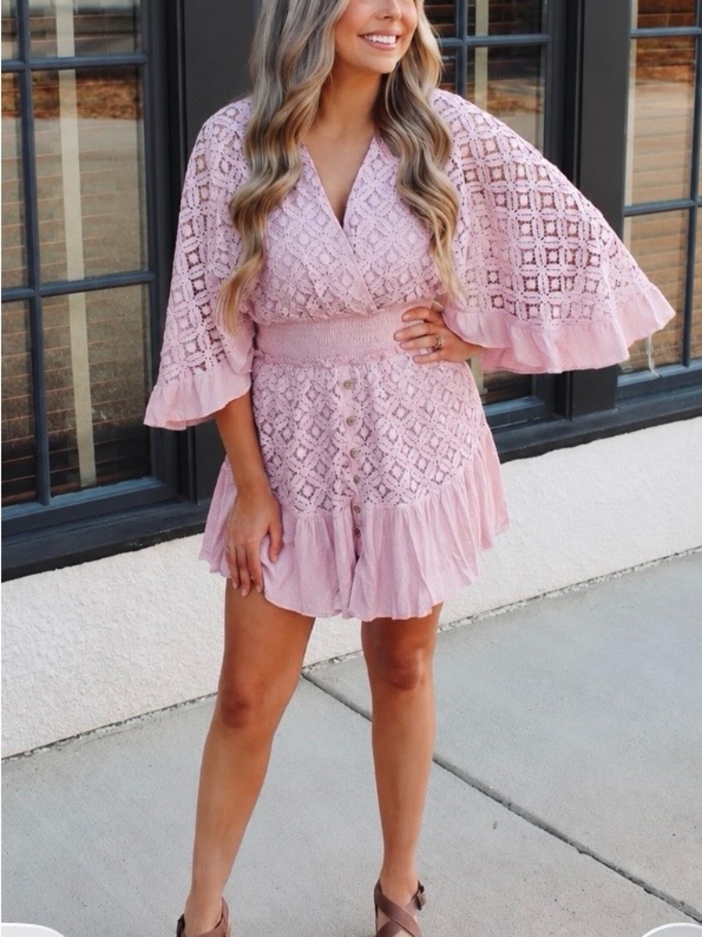 HYFVE Dusty rose Lana Lace Romper Smock Waist EUC size large